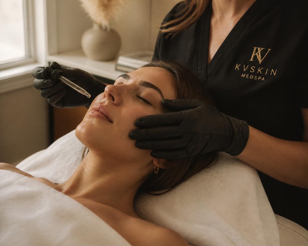 A skincare professional and client reviewing skin together in a warm, calm consultation setting