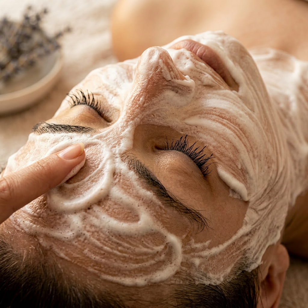 A skincare professional and client reviewing skin together in a warm, calm consultation setting